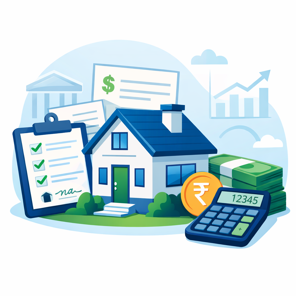 Illustration of a house with financial documents representing home loan